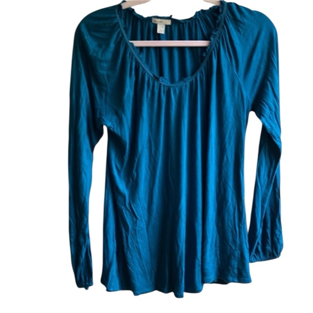 Old Navy Blue Long Sleeve Top Size M Shirred Ruffled Scoop Neck Tee Minimalist